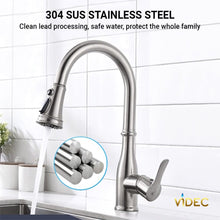 Load image into Gallery viewer, Videcshop Kitchen Faucet Brushed Nickel / Stainless Steel / Smart Touch on VIDEC KW-88SN Smart Touch On Kitchen Faucet, 3 Modes Pull Down Sprayer, Smart Touch Sensor Activated, Auto ON/Off, Ceramic Valve, 360-Degree Rotation, 1 or 3 Hole Deck Plate.
