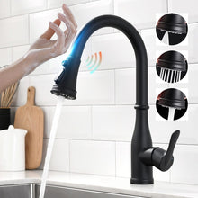 Load image into Gallery viewer, Videcshop Kitchen Faucet Matt Black / Stainless Steel / Smart Touch on VIDEC KW-88R Smart Touch On Kitchen Faucet, 3 Modes Pull Down Sprayer, Smart Touch Sensor Activated, Auto ON/Off, Ceramic Valve, 360-Degree Rotation, 1 or 3 Hole Deck Plate.
