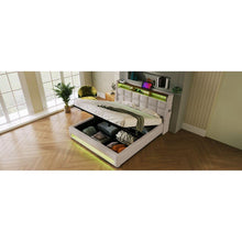 Carregar imagem no visualizador da galeria, Full size Upholstered Platform bed with a Hydraulic Storage System, LED and USB Charging, Natural (without mattress)
