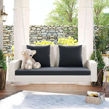 Cargar imagen en el visor de la galería, 2-Person Wicker Hanging Porch Swing with Chains, Cushion, Pillow, Rattan Swing Bench for Garden, Backyard, Pond. (White Wicker, Gray Cushion)
