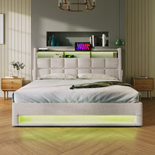 Carregar imagem no visualizador da galeria, Full size Upholstered Platform bed with a Hydraulic Storage System, LED and USB Charging, Natural (without mattress)
