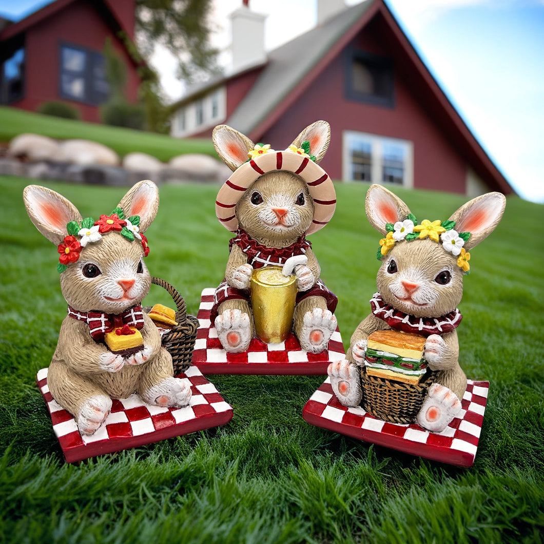 Joyful Picnic Gathering Bunny Trio Set of Three Figurines, Spring Rabbit Statue 4.5