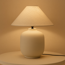 Carregar imagem no visualizador da galeria, Nogy Japandi Ceramic Table Lamp – Minimalist Design with Linen Shade, Stoneware Base in Ivory White or Charcoal Black
