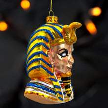 Carregar imagem no visualizador da galeria, Evil Egyptian Pharoah Half Skull Head Glass Ornament, Gothic Halloween Tree Decor
