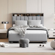 Load image into Gallery viewer, Full size Upholstered Platform Bed with Storage Headboard, Twin Size Trundle &amp; 2 drawers and a set of Sockets &amp; USB Ports, Linen Fabric, Gray
