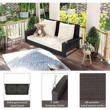 Load image into Gallery viewer, 2-Person Wicker Hanging Porch Swing with Chains, Cushion, Pillow, Rattan Swing Bench for Garden, Backyard, Pond. (Brown Wicker, Beige Cushion)

