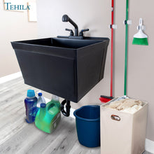 Load image into Gallery viewer, Tehila Standard Wall-Mounted Black Utility Sink with Black Finish Pull-Out Faucet

