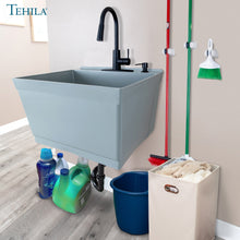 Load image into Gallery viewer, Tehila Standard Wall-Mounted Grey Utility Sink with Black Finish Pull-Down Faucet
