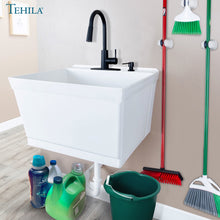 Cargar imagen en el visor de la galería, Tehila Standard Wall-Mounted White Utility Sink with Black Finish Pull-Down Faucet
