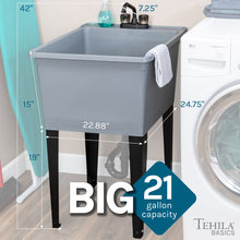 Load image into Gallery viewer, Tehila Basics Freestanding Grey Utility Sink with Black Finish Dual Handle Utility Faucet
