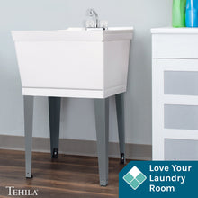 Load image into Gallery viewer, Tehila Standard Freestanding White Utility Sink with Chrome Finish Double Knob Utility Faucet
