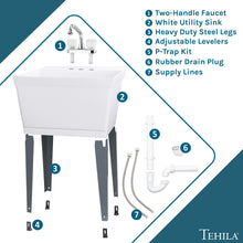 Load image into Gallery viewer, Tehila Standard Freestanding White Utility Sink with Chrome Finish Double Knob Utility Faucet
