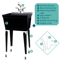 Load image into Gallery viewer, Tehila Standard Freestanding Black Utility Sink with Chrome Finish Pull-Out Faucet
