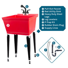 Cargar imagen en el visor de la galería, Tehila Standard Freestanding Red Utility Sink with Matte Black Finish Pull-Out Faucet
