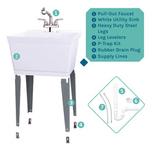 Load image into Gallery viewer, Tehila Standard Freestanding White Utility Sink with Stainless Steel Finish Pull-Out Faucet
