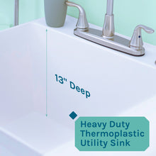 Carregar imagem no visualizador da galeria, Tehila Standard Freestanding White Utility Sink with Grey Legs and Stainless Steel Finish Wide-set Gooseneck Faucet with Side Sprayer
