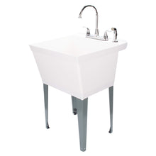Carregar imagem no visualizador da galeria, Tehila Standard Freestanding White Utility Sink with Grey Legs and Chrome Finish Wide-set Gooseneck Faucet with Side Sprayer
