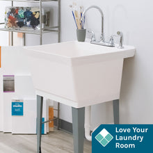 Carregar imagem no visualizador da galeria, Tehila Standard Freestanding White Utility Sink with Grey Legs and Chrome Finish Wide-set Gooseneck Faucet with Side Sprayer
