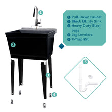 Load image into Gallery viewer, Tehila Standard Freestanding Black Utility Sink with Chrome Finish High-Arc Pull-Down Faucet
