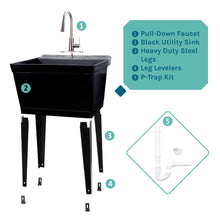 Load image into Gallery viewer, Tehila Standard Freestanding Black Utility Sink with Stainless Steel Finish High-Arc Pull-Down Faucet

