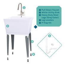 Load image into Gallery viewer, Tehila Standard Freestanding White Utility Sink with Stainless Steel Finish High-Arc Pull-Down Faucet
