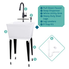 Load image into Gallery viewer, Tehila Standard Freestanding White Utility Sink with Black Finish High-Arc Pull-Down Faucet and Soap Dispenser
