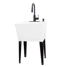 Load image into Gallery viewer, Tehila Standard Freestanding White Utility Sink with Black Finish High-Arc Pull-Down Faucet and Soap Dispenser
