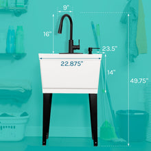 Load image into Gallery viewer, Tehila Standard Freestanding White Utility Sink with Black Finish High-Arc Pull-Down Faucet and Soap Dispenser
