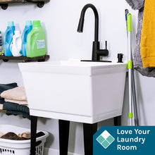 Load image into Gallery viewer, Tehila Standard Freestanding White Utility Sink with Black Finish High-Arc Pull-Down Faucet and Soap Dispenser
