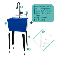 Load image into Gallery viewer, Tehila Standard Freestanding Blue Utility Sink with Black Finish High-Arc Pull-Down Faucet and Soap Dispenser
