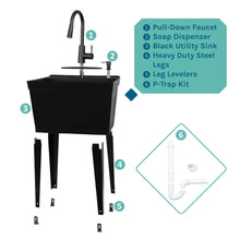 Carregar imagem no visualizador da galeria, Tehila Standard Freestanding Black Utility Sink with Black Finish High-Arc Pull-Down Faucet and Soap Dispenser
