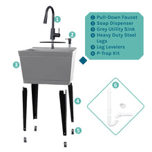 Cargar imagen en el visor de la galería, Tehila Standard Freestanding Grey Utility Sink with Black Finish High-Arc Pull-Down Faucet and Soap Dispenser
