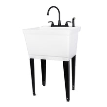 Load image into Gallery viewer, Tehila Standard Freestanding White Utility Sink with Black Legs and Black Finish Wide-set Gooseneck Faucet with Side Sprayer
