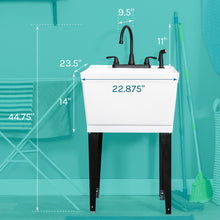 Load image into Gallery viewer, Tehila Standard Freestanding White Utility Sink with Black Legs and Black Finish Wide-set Gooseneck Faucet with Side Sprayer
