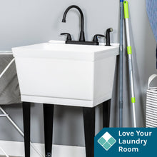 Load image into Gallery viewer, Tehila Standard Freestanding White Utility Sink with Black Legs and Black Finish Wide-set Gooseneck Faucet with Side Sprayer
