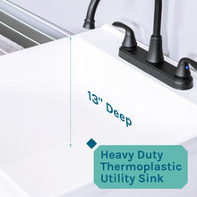 Load image into Gallery viewer, Tehila Standard Freestanding White Utility Sink with Black Legs and Black Finish Wide-set Gooseneck Faucet with Side Sprayer
