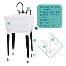 Load image into Gallery viewer, Tehila Standard Freestanding White Utility Sink with Black Legs and Black Finish Wide-set Gooseneck Faucet with Side Sprayer
