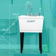 Load image into Gallery viewer, Tehila Standard Freestanding White Utility Sink with Black Legs and Chrome Finish Wide-set Gooseneck Faucet with Side Sprayer
