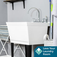 Load image into Gallery viewer, Tehila Standard Freestanding White Utility Sink with Black Legs and Chrome Finish Wide-set Gooseneck Faucet with Side Sprayer
