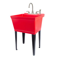 Cargar imagen en el visor de la galería, Tehila Standard Freestanding Red Utility Sink with Black Legs and Stainless Steel Finish Wide-set Gooseneck Faucet with Side Sprayer
