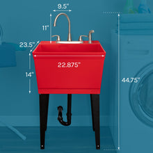 Cargar imagen en el visor de la galería, Tehila Standard Freestanding Red Utility Sink with Black Legs and Stainless Steel Finish Wide-set Gooseneck Faucet with Side Sprayer

