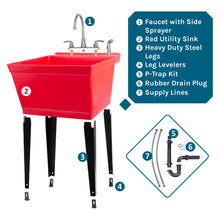 Cargar imagen en el visor de la galería, Tehila Standard Freestanding Red Utility Sink with Black Legs and Stainless Steel Finish Wide-set Gooseneck Faucet with Side Sprayer

