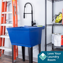 Load image into Gallery viewer, Tehila Standard Freestanding Blue Utility Sink with Black Finish High-Arc Coil Pull-Down Faucet
