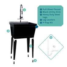 Load image into Gallery viewer, Tehila Standard Freestanding Black Utility Sink with Black Finish High-Arc Coil Pull-Down Faucet
