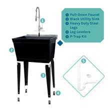 Cargar imagen en el visor de la galería, Tehila Standard Freestanding Black Utility Sink with Stainless Steel Finish High-Arc Coil Pull-Down Faucet
