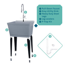 Cargar imagen en el visor de la galería, Tehila Standard Freestanding Grey Utility Sink with Stainless Steel Finish High-Arc Coil Pull-Down Faucet
