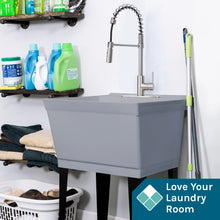 Cargar imagen en el visor de la galería, Tehila Standard Freestanding Grey Utility Sink with Stainless Steel Finish High-Arc Coil Pull-Down Faucet
