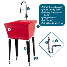 Cargar imagen en el visor de la galería, Tehila Standard Freestanding Red Utility Sink with Black Finish High-Arc Coil Pull-Down Faucet
