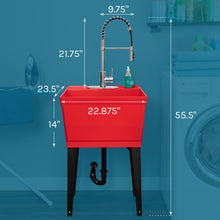 Cargar imagen en el visor de la galería, Tehila Standard Freestanding Red Utility Sink with Stainless Steel Finish High-Arc Coil Pull-Down Faucet

