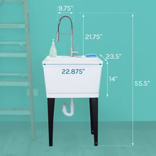 Cargar imagen en el visor de la galería, Tehila Standard Freestanding White Utility Sink with Stainless Steel Finish High-Arc Coil Pull-Down Faucet

